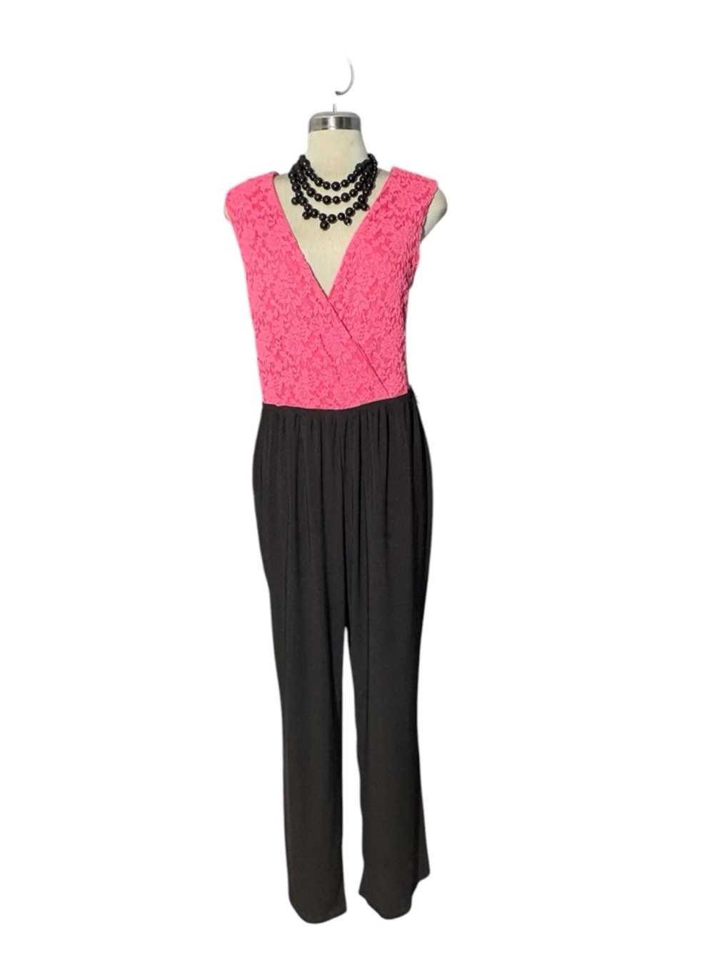 NY Collection Sleeveless Pink Lace Wrap Jumpsuit with Black Trousers Size 1 X
